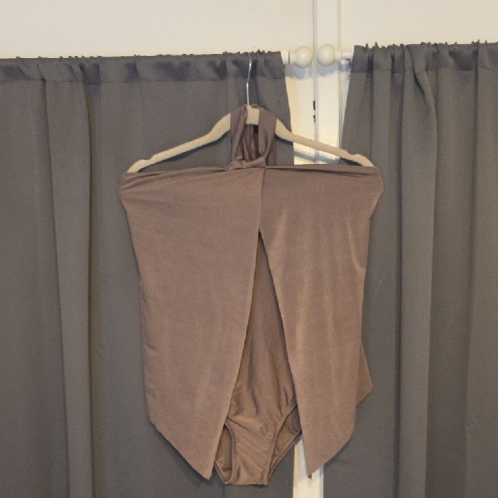 Unbranded‎ Women's Mocha Brown Swimsuit Halter Draped Front Removable Pads Sz L
